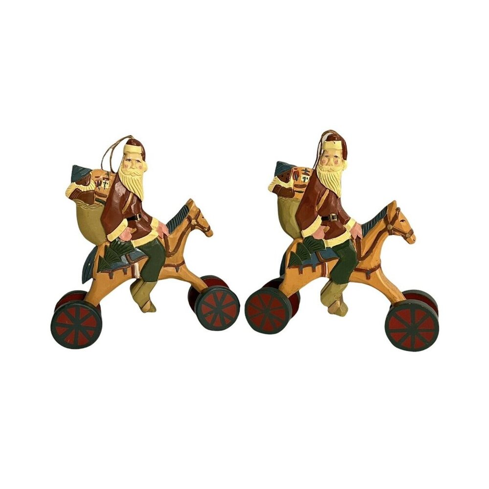 Wooden Santa w/Toy Bag on Rolling Horse Painted Handcrafted Christmas Ornament